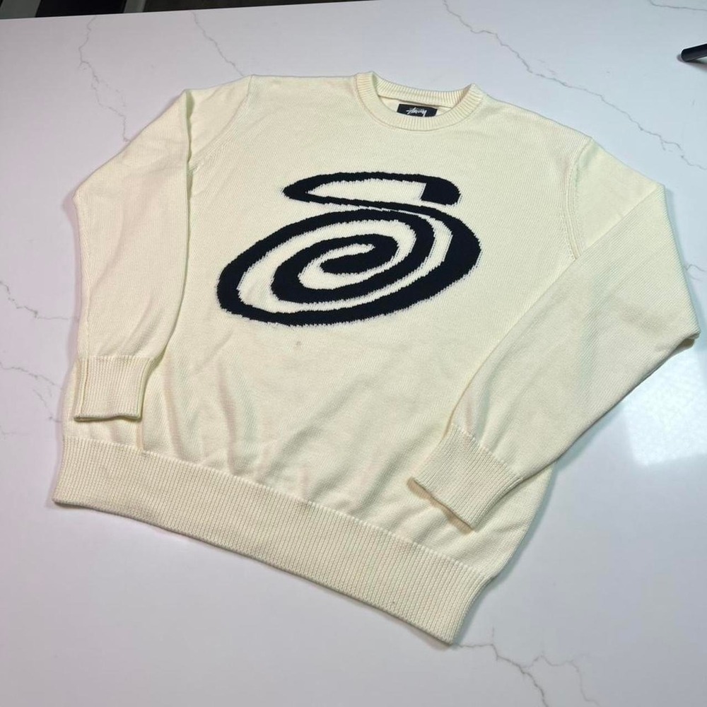 Stussy Swirl Knit Sweater Mens XL Cream S-Link Graphic‎ Cotton 115544